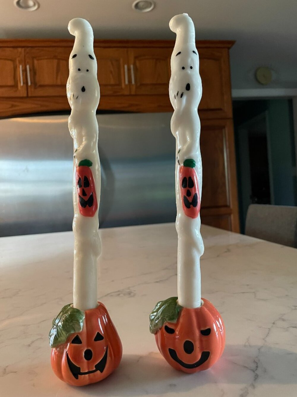 Vintage Halloween 2 Taper Ghost Candles in box + 2 Ceramic Pumpkin Holders Lot